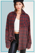 La Miel red plaid casual shirt with oversized fit and frayed hem for a stylish look