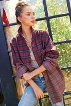 La Miel red plaid casual shirt styled with a relaxed fit and rolled sleeves for a trendy look