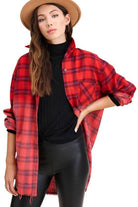 La Miel red plaid casual shirt styled with a black top and high-waisted pants