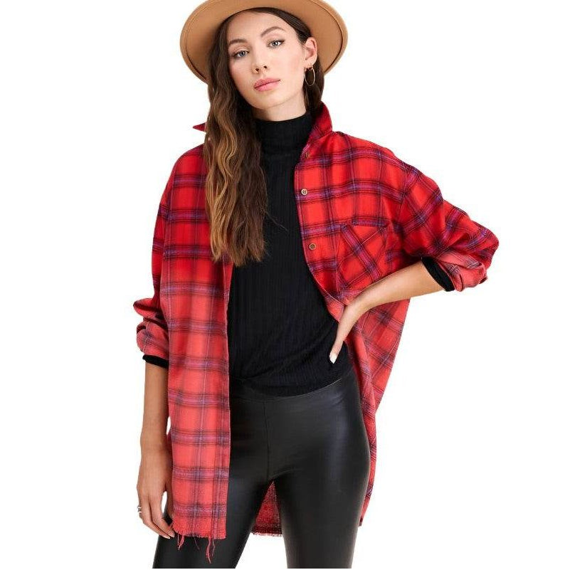 La Miel red plaid casual shirt styled with a black top and high-waisted pants