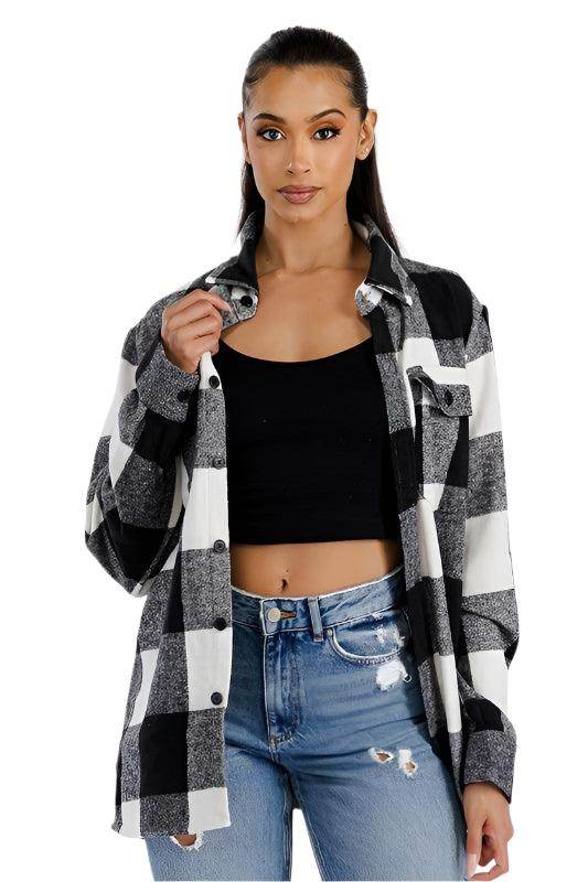 Women's red plaid oversized shacket by WEIV, featuring a relaxed fit and button closure