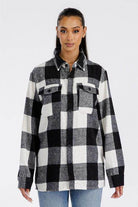 Women's WEIV red plaid oversized shacket featuring a relaxed fit and two front pockets