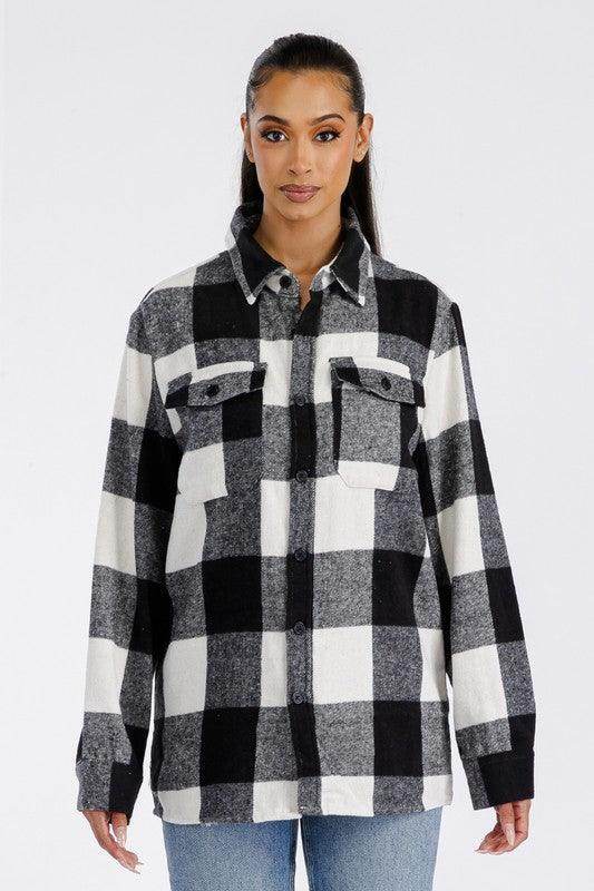 Women's WEIV red plaid oversized shacket featuring a relaxed fit and two front pockets