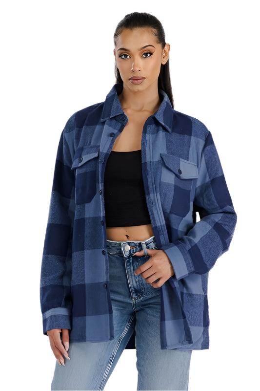 Stylish women's blue plaid oversized shacket by WEIV for a trendy layered look