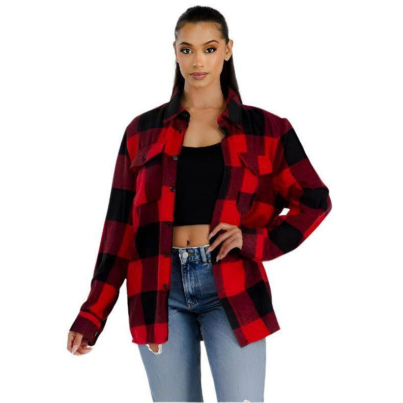 WEIV red plaid oversized shacket featuring a relaxed fit and button-up design, ideal for layering