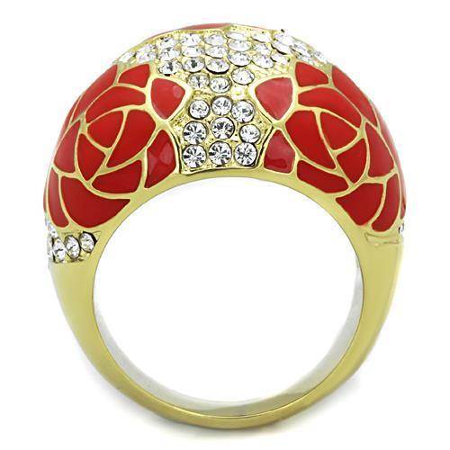 Red rose gold statement ring with sparkling crystals and elegant floral design