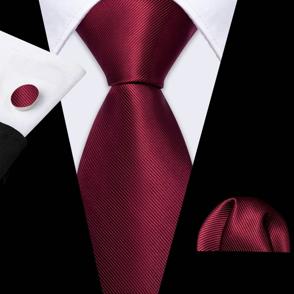 Red silk tie set for men with matching pocket square and cufflinks