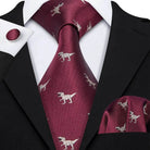Red silk tie set for men with dinosaur print, perfect for formal events