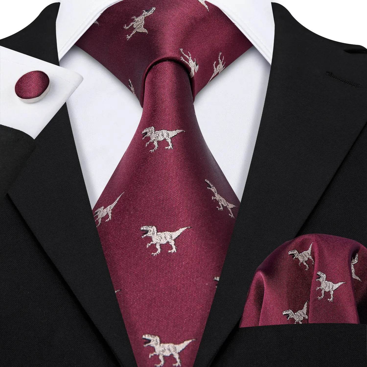Red silk tie set for men with dinosaur print, perfect for formal events