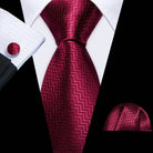 Red silk tie set for men with herringbone pattern and matching pocket square