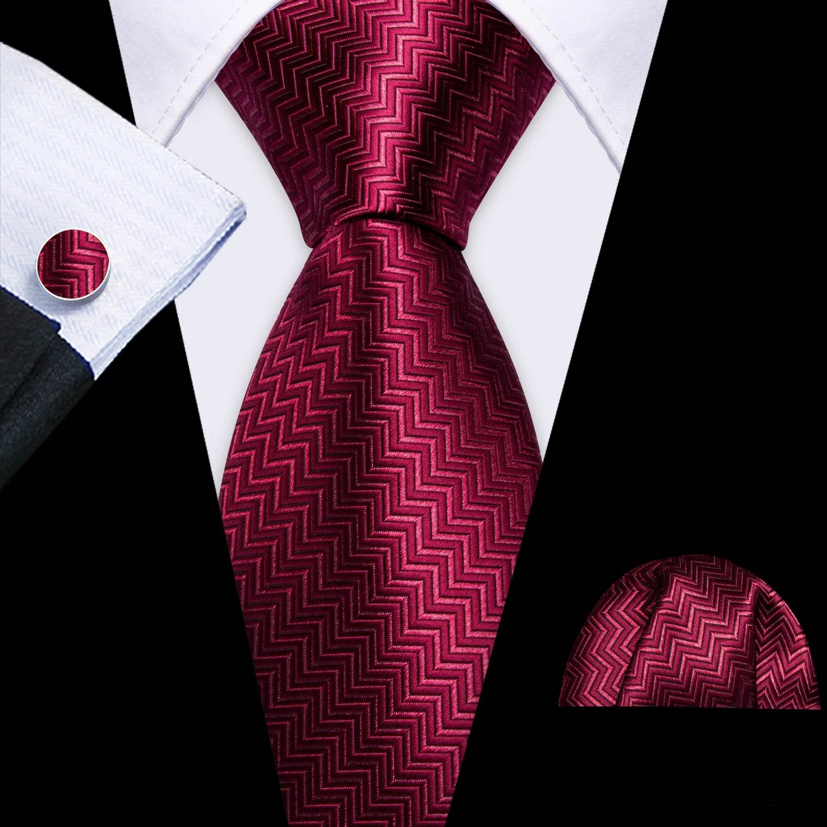 Red silk tie set for men with herringbone pattern and matching pocket square