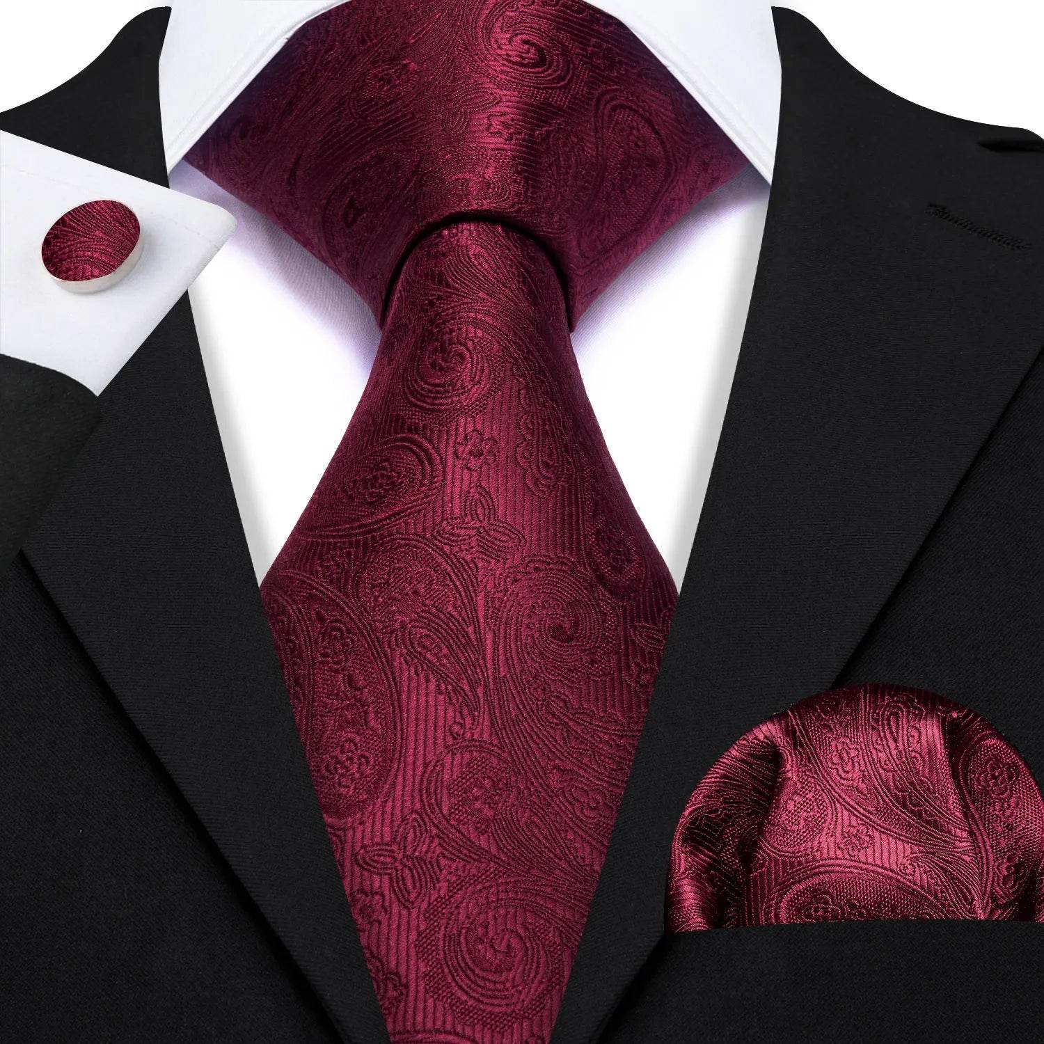 Red silk tie set for men, elegant paisley design for formal events