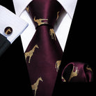red silk tie set for men with giraffe pattern, ideal for formal occasions