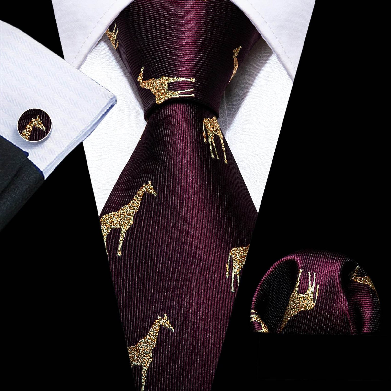 red silk tie set for men with giraffe pattern, ideal for formal occasions