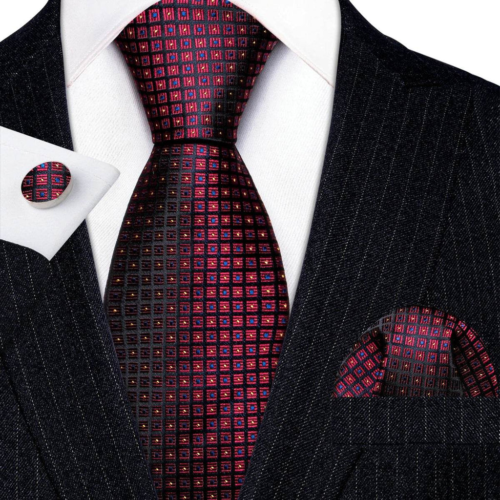 Red silk tie set for men with matching pocket square and cufflinks