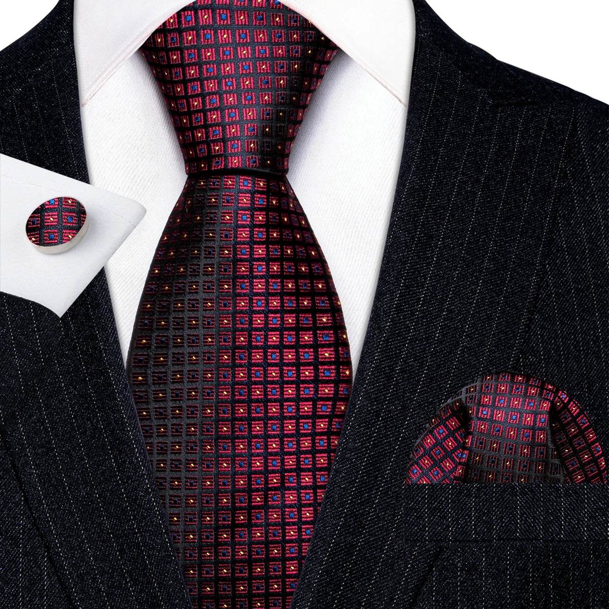 Red silk tie set for men with matching pocket square and cufflinks