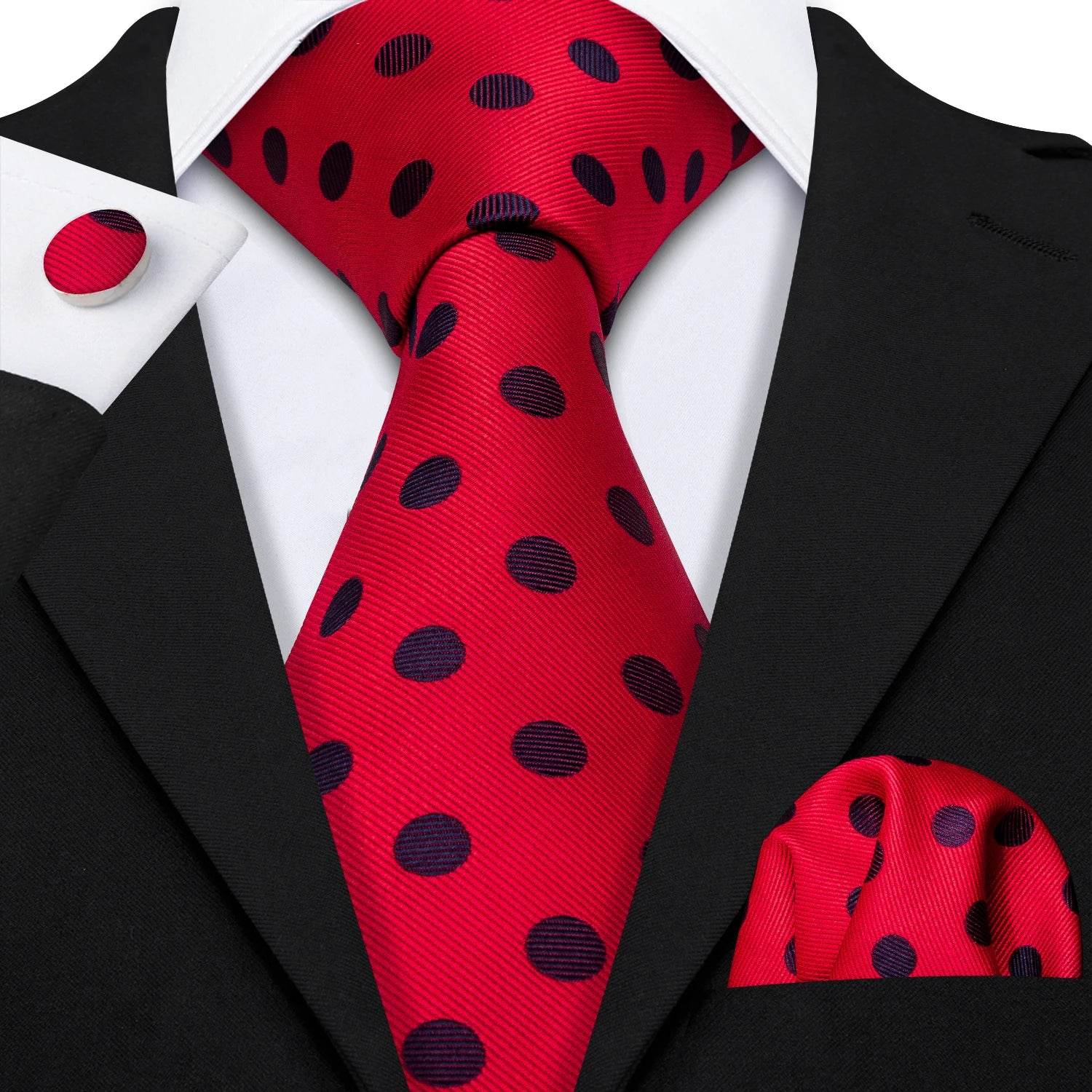 Red silk tie set for men with polka dots, perfect for formal wear