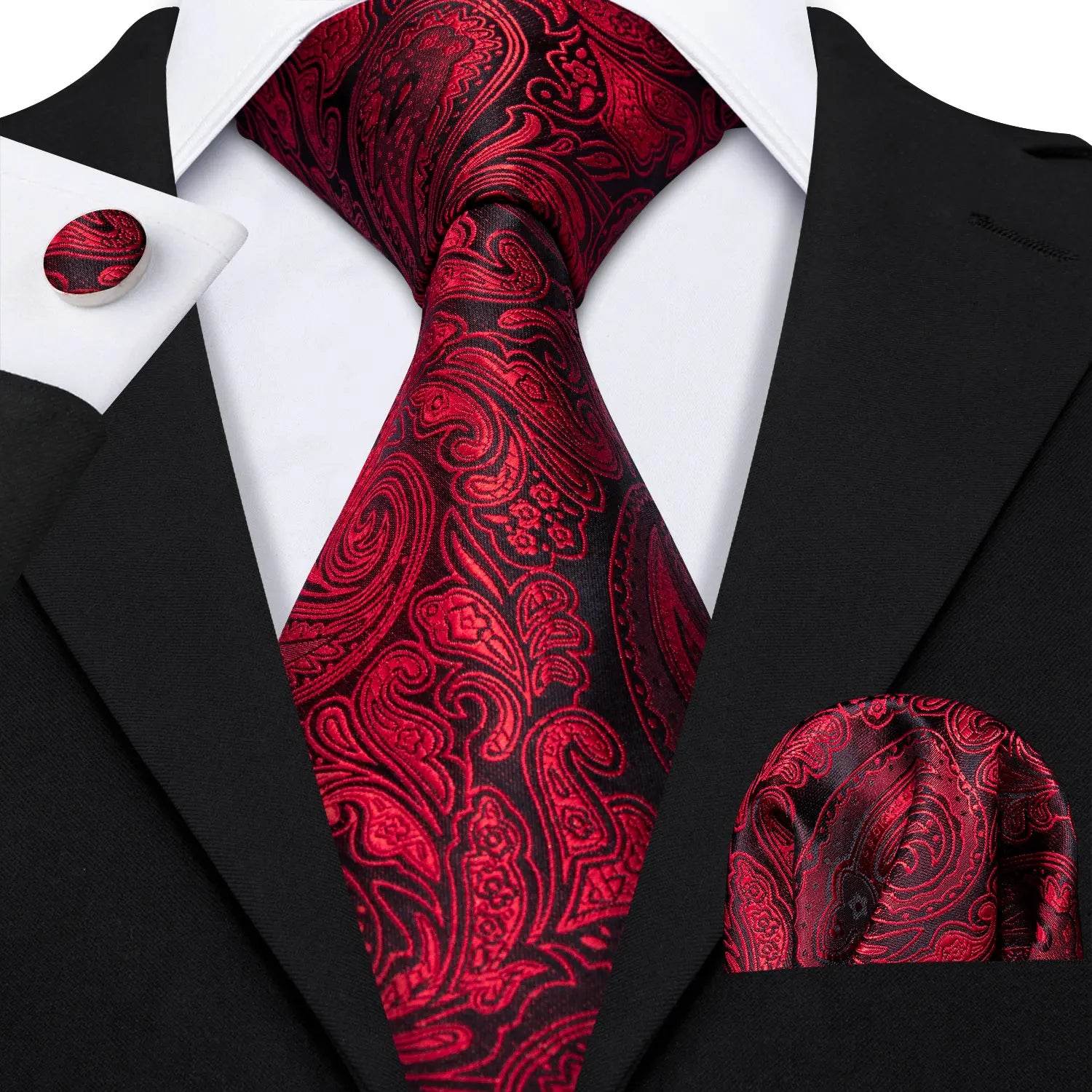 Red silk tie set for men with matching pocket square and cufflinks