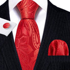 Red silk tie set for men with paisley design and matching pocket square