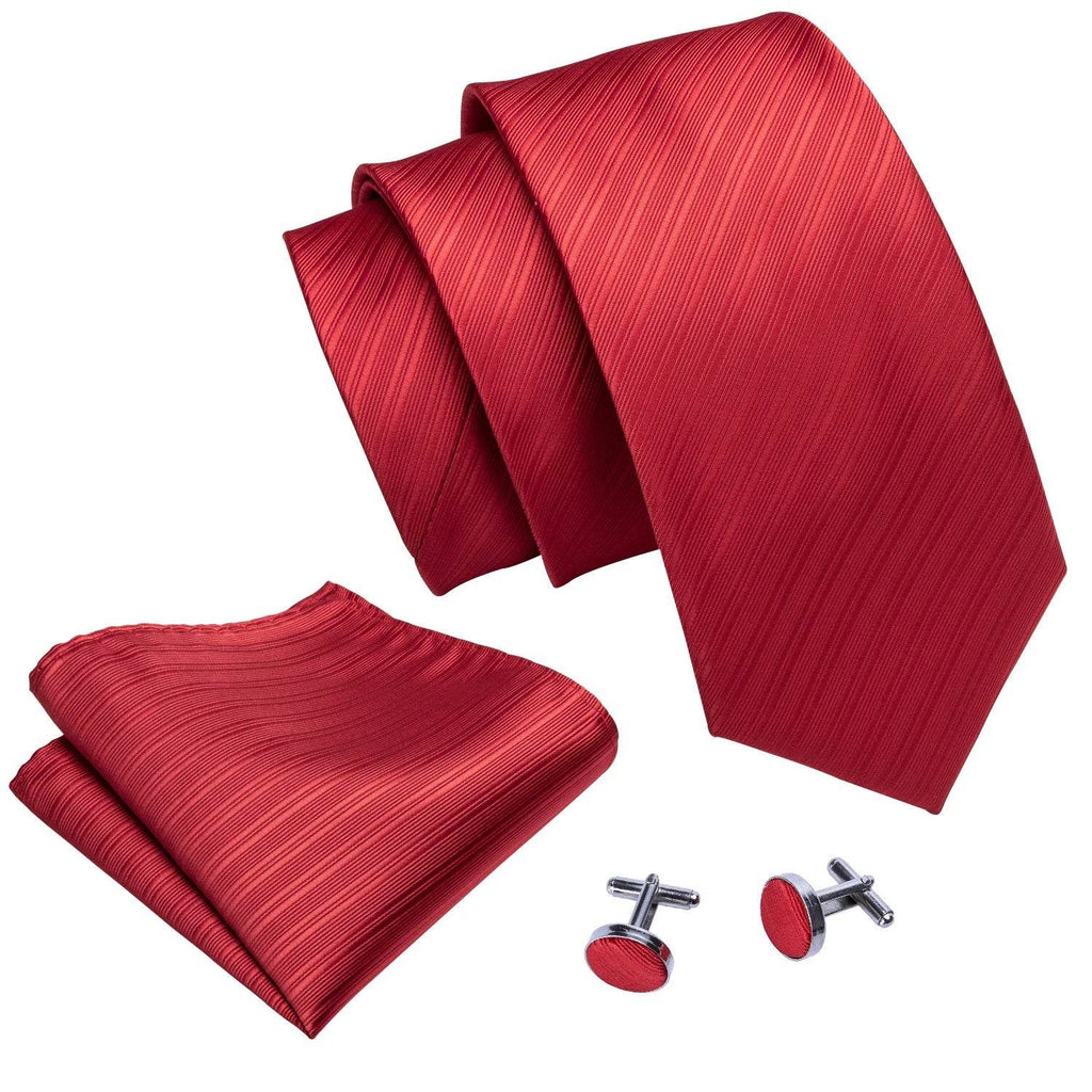 Red silk tie set for men with pocket square and cufflinks