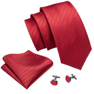 Red silk tie set for men with pocket square and cufflinks