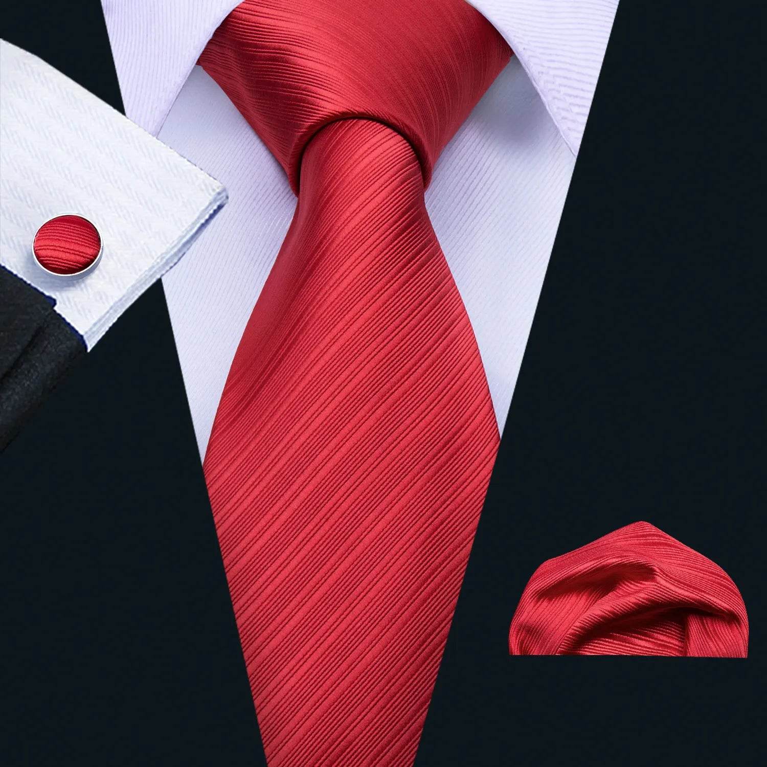 Red silk tie set for men with matching pocket square, formal occasions