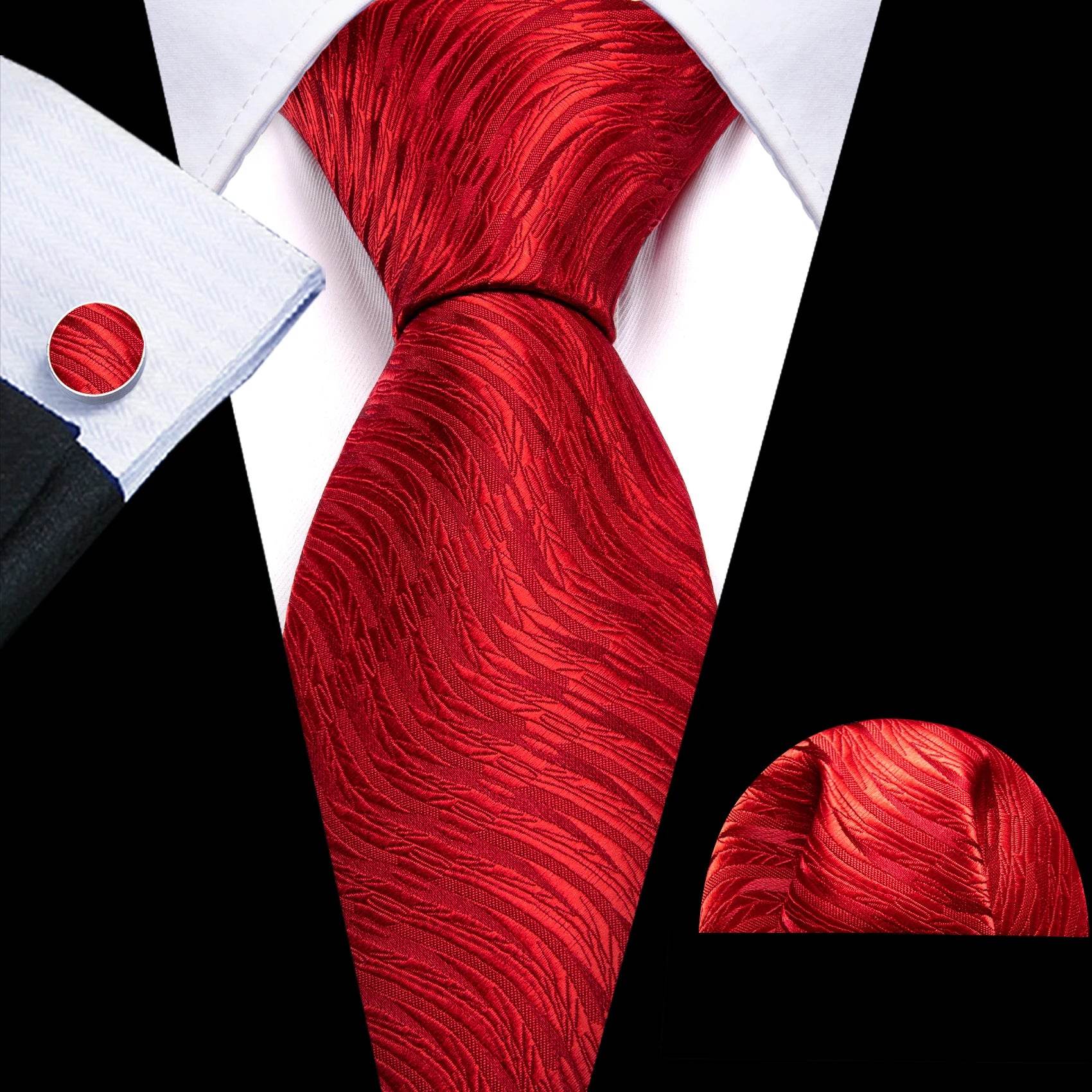 Red silk tie set for men with matching pocket square and cufflinks
