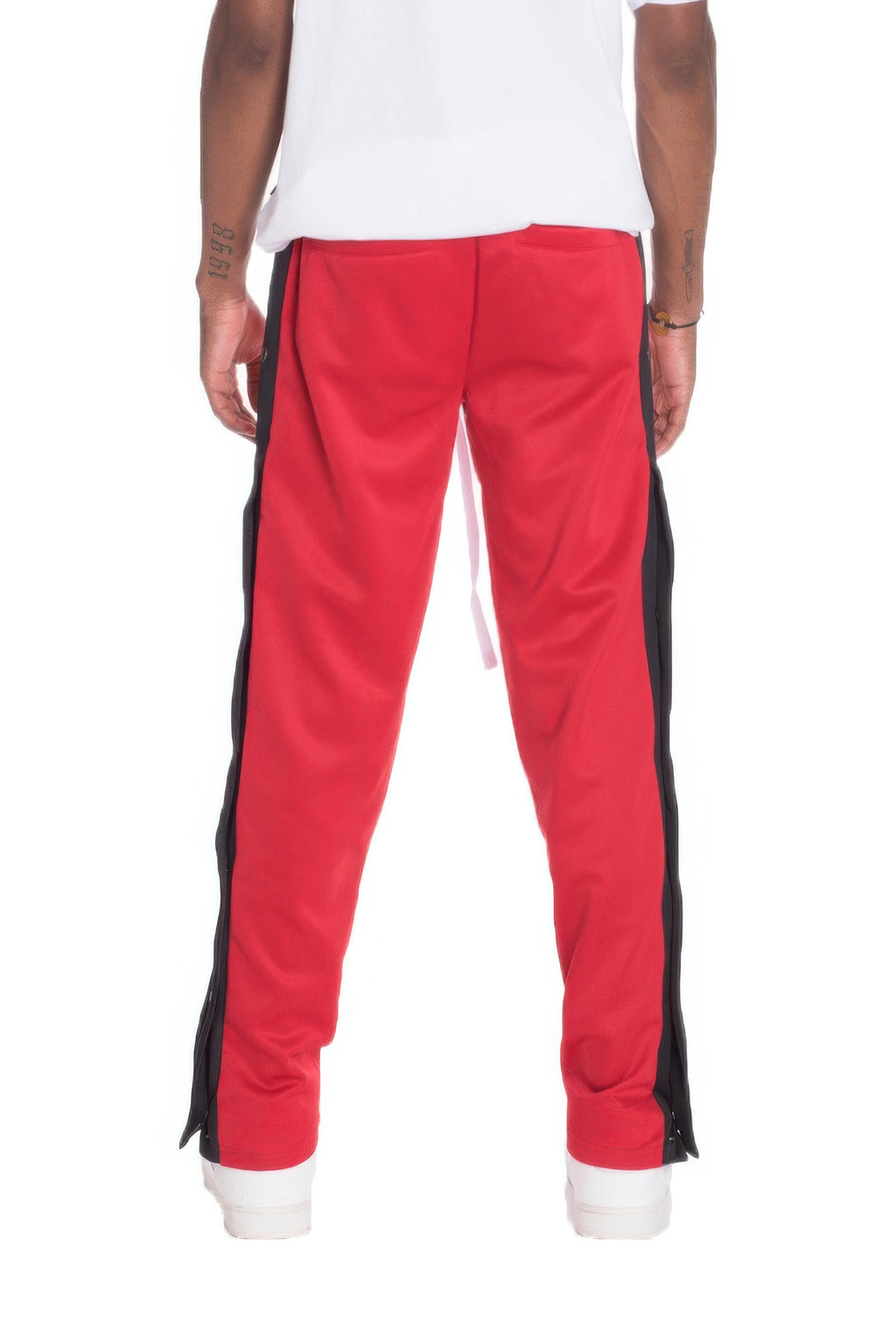 VacationGrabs men's red snap button track pants with black side stripes and adjustable snaps