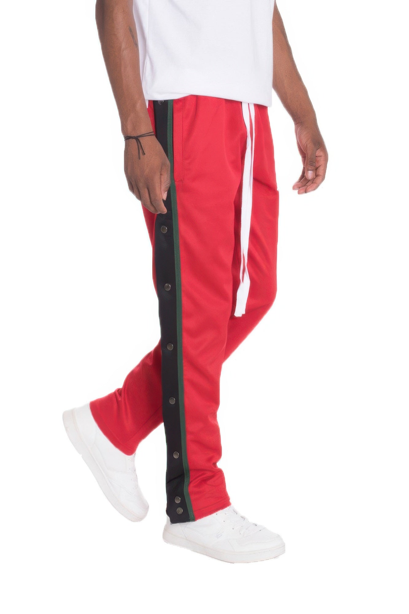 VacationGrabs men's red snap button track pants with black side stripe and white drawstring