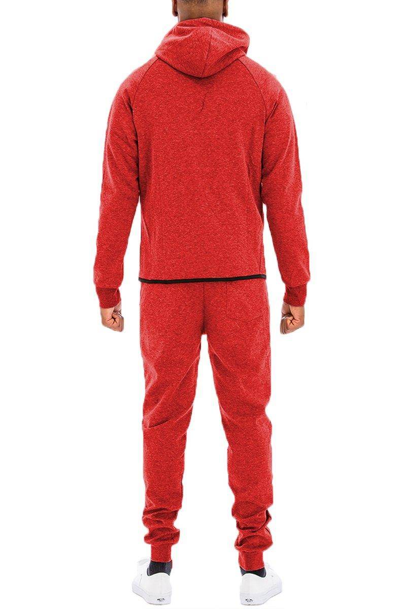 Back view of a red sweat suit for men from VacationGrabs featuring a stylish hoodie and matching pants