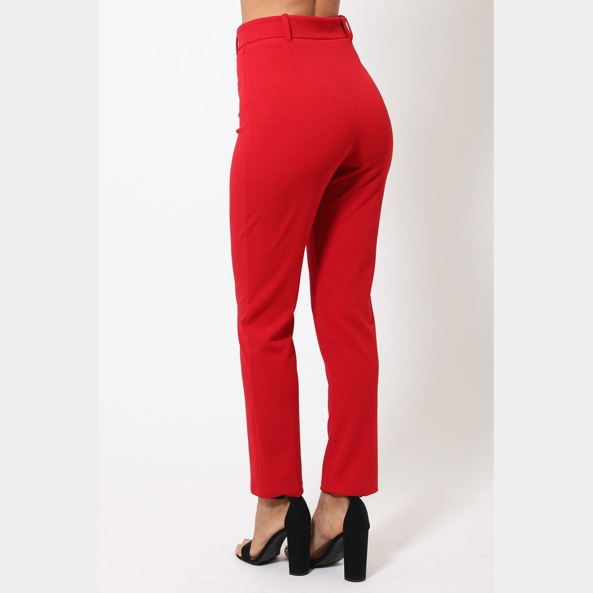 VacationGrabs red tapered ankle pants women styled with black high heel sandals