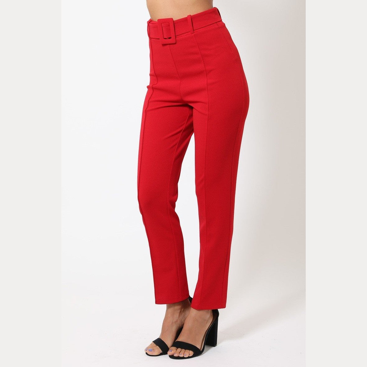 VacationGrabs red tapered ankle pants women with high waist and belt detail styled with black heels
