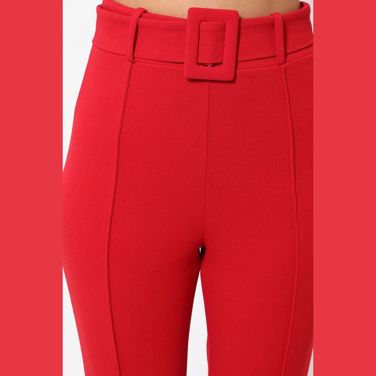 VacationGrabs red tapered ankle pants women with high waist and matching belt detail