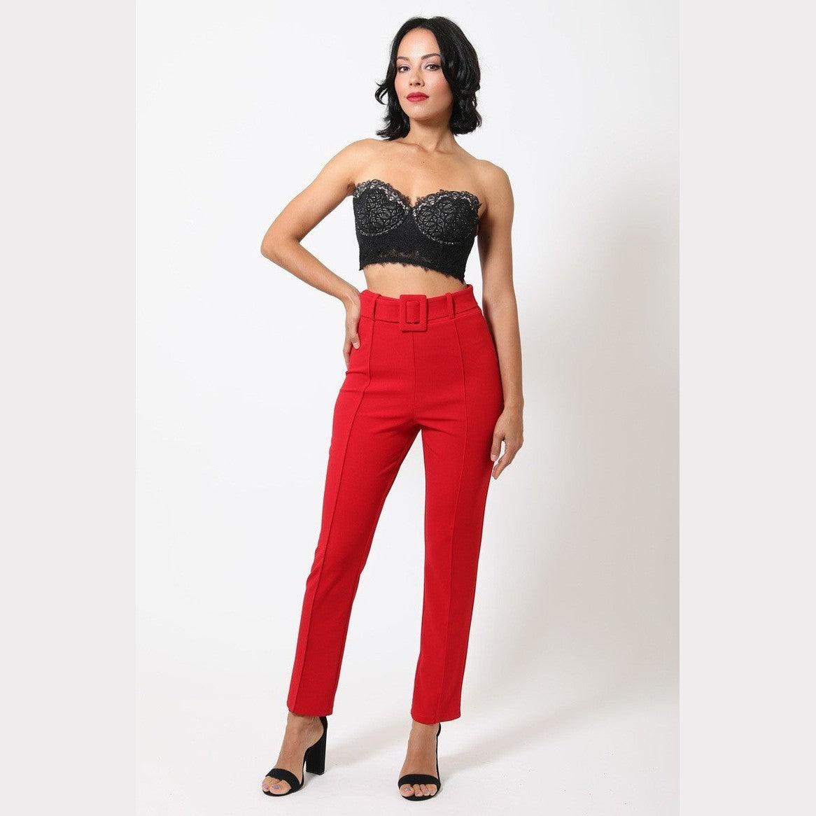 VacationGrabs red tapered ankle pants women with high waist and belt detail worn with black lace crop top