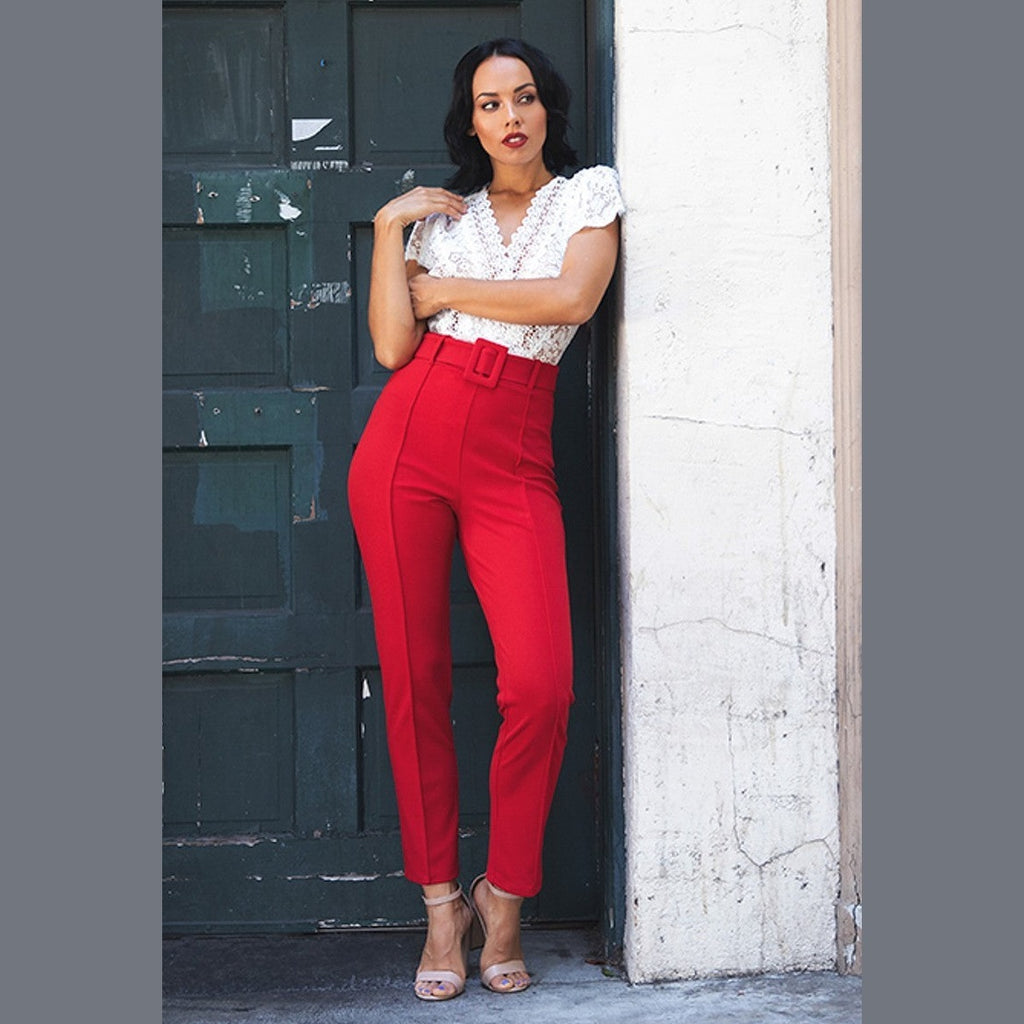 VacationGrabs red tapered ankle pants women styled with white lace blouse and heels