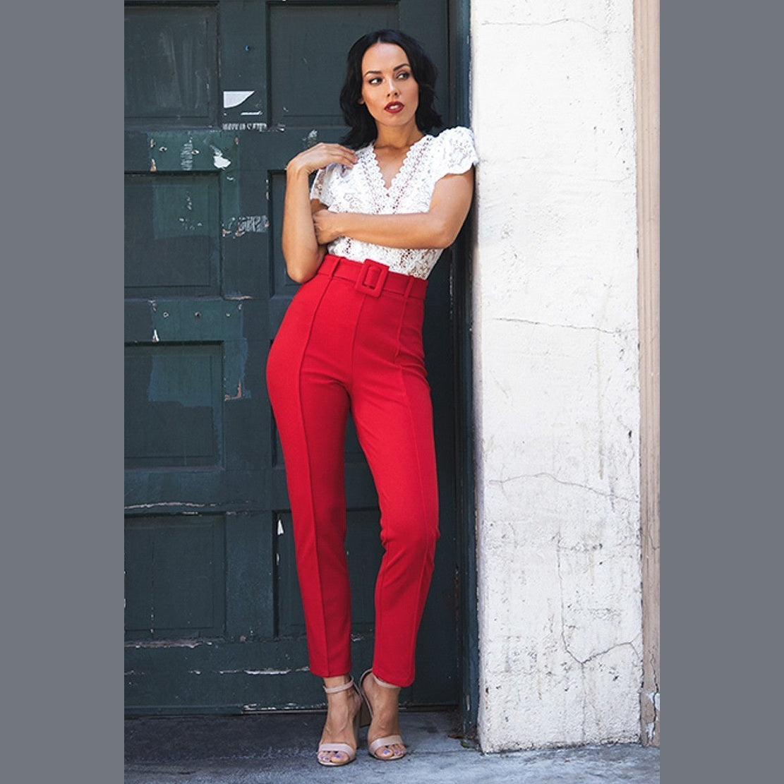 VacationGrabs red tapered ankle pants women styled with white lace blouse and heels