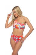 Beach Joy Bikini red tropical one shoulder bikini with floral print on a blonde model