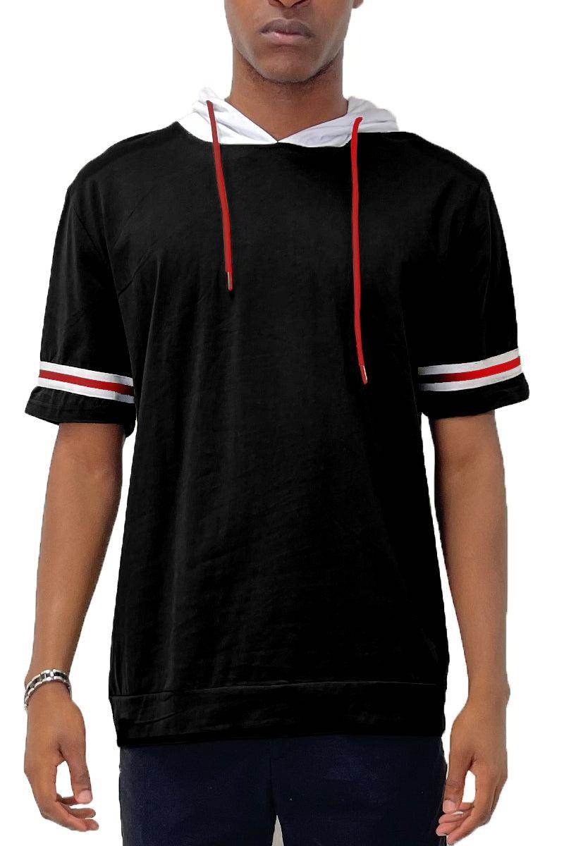 Men's WEIV black red white stripe hoodie with short sleeves and contrasting white hood
