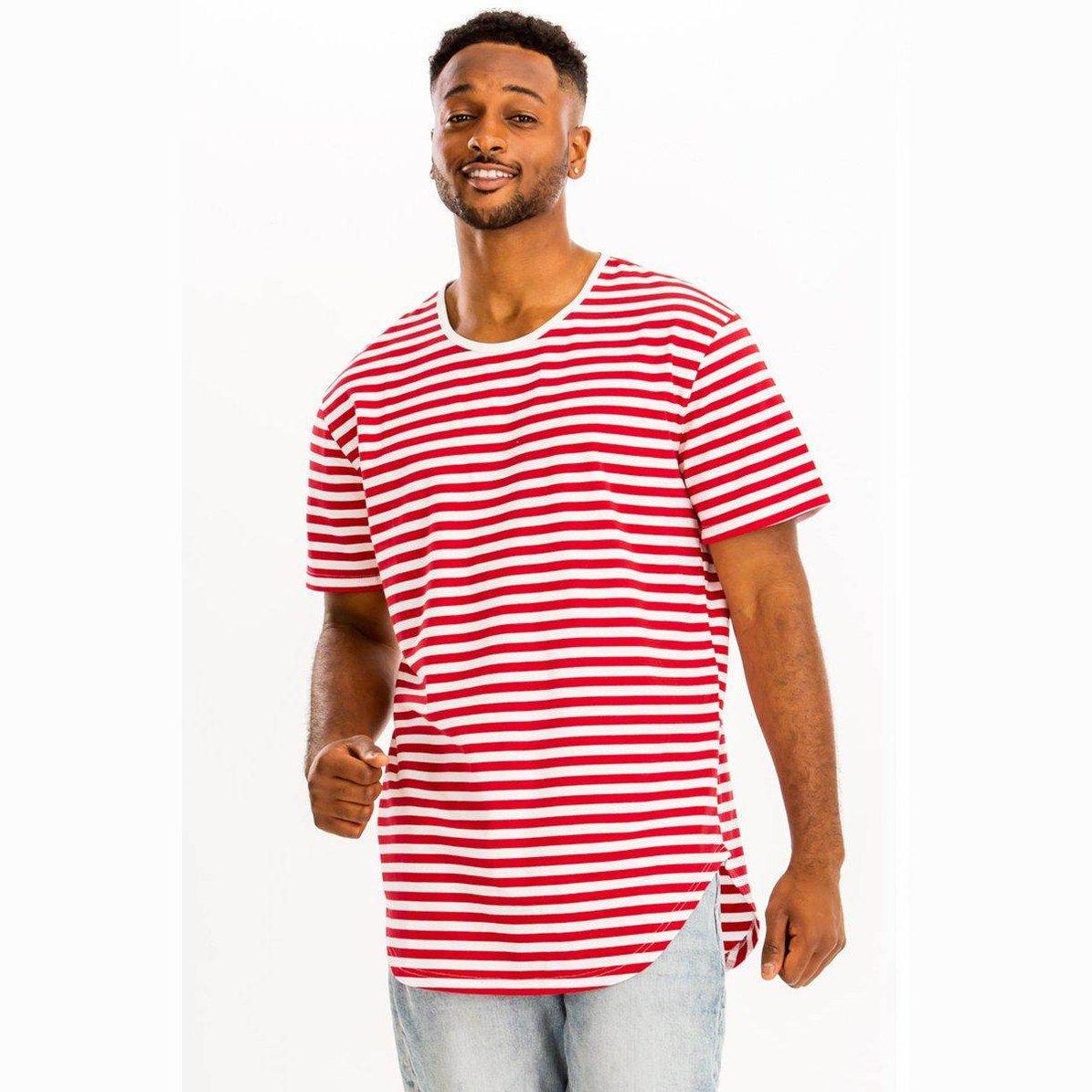 Red White Striped Round Neck Tshirt - VacationGrabs