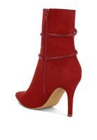 Rag Company red wrap around heeled boots with a stylish design and pointed toe