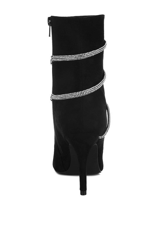 Rag Company red wrap around heeled boots with decorative straps and sleek design