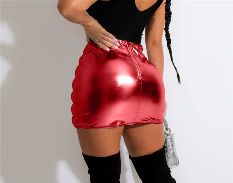 Red Metallic Puffer Skirt for Women
