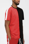 Two-Tone Split Side Stripe Cotton T-Shirt