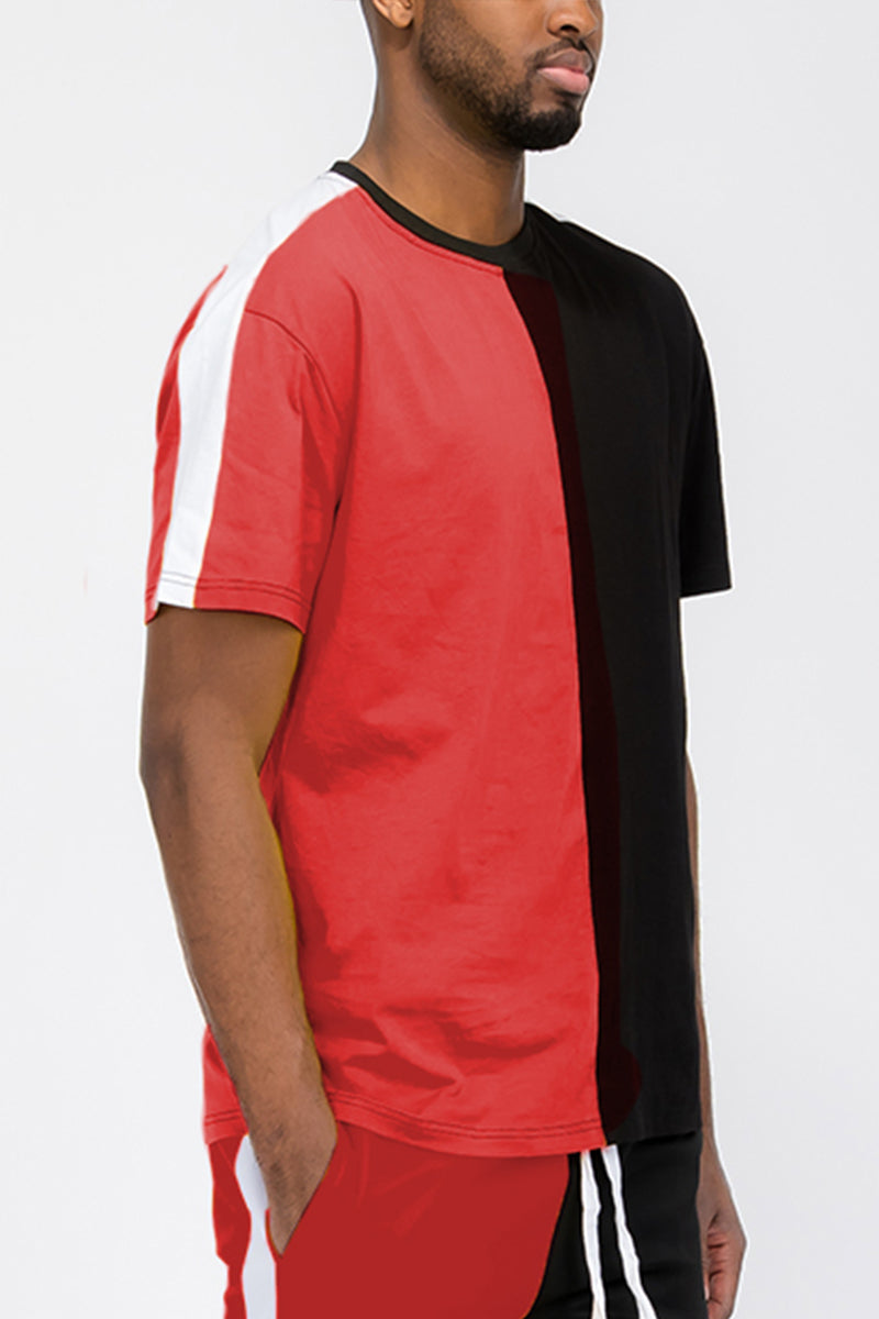 Two-Tone Split Side Stripe Cotton T-Shirt