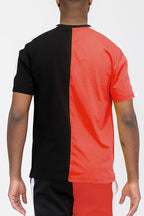 Two-Tone Split Side Stripe Cotton T-Shirt