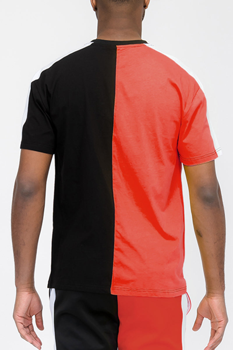 Two-Tone Split Side Stripe Cotton T-Shirt