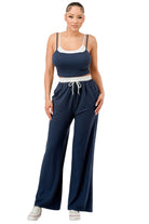 VacationGrabs women's relaxed fit tank and jogger set in navy with white trim and drawstring waist