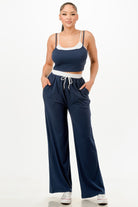 VacationGrabs women's relaxed fit tank and jogger set in navy blue with white trim and drawstring waist