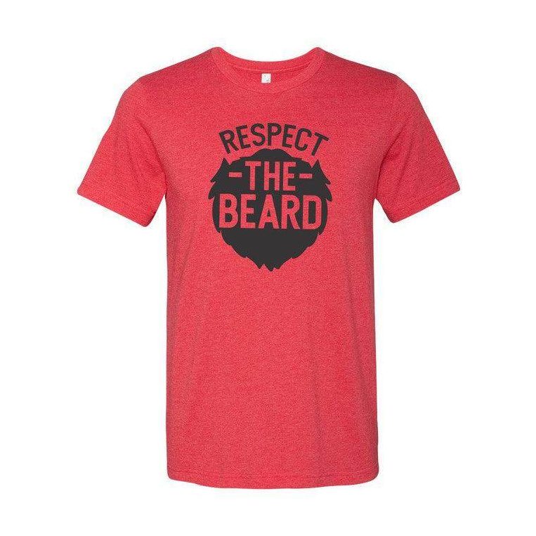 Men's red Respect the Beard t-shirt featuring a bold graphic design for beard enthusiasts