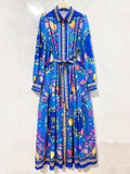 Detail view of retro coastal print maxi dress showing collar and button placket